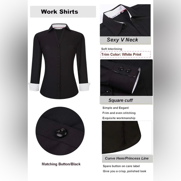 NWT Woman’s Button Down Long Sleeve Stretch Work/Dress Black Shirt White Cuffs - Picture 3 of 4